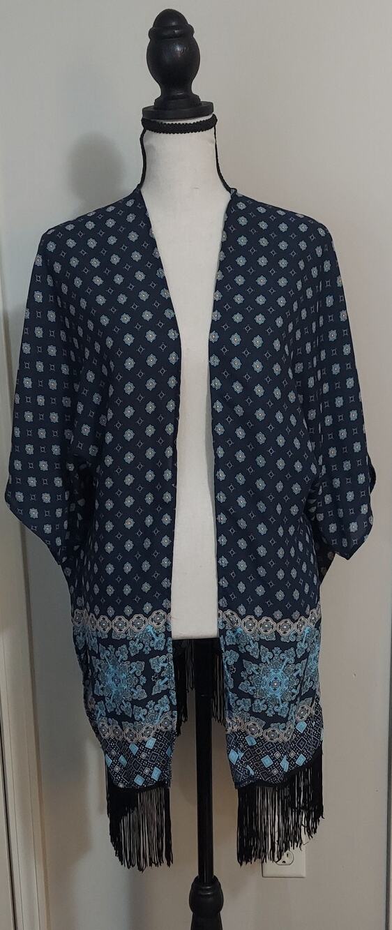 Charlotte Russe Navy Blue Boho Geometric Fringe Kimono Cardigan Cover Up Medium